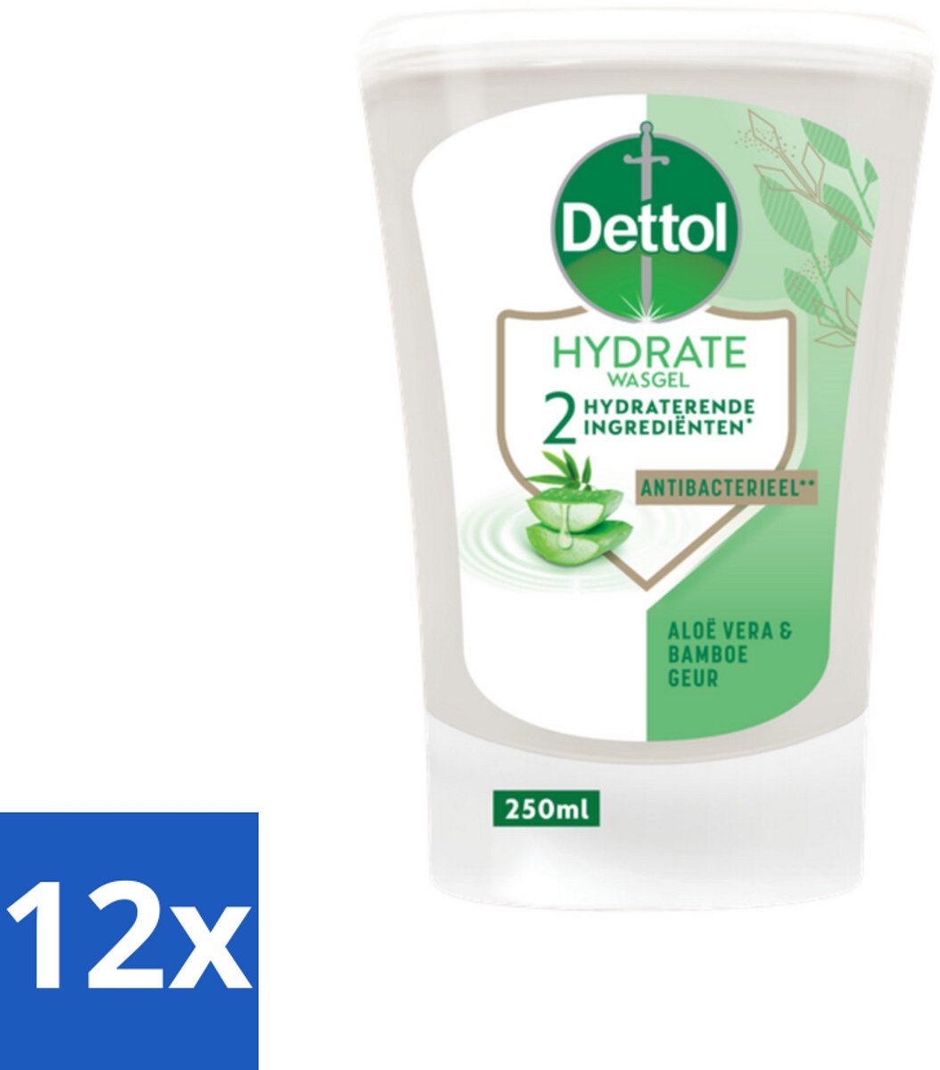 12 x Dettol - Wasgel Navulling - Hydrate - Aloë Vera & Bamboe - 250 ml - Handzeep Navulling - Antibacteriële Zeep - Aloë Vera Zeep - Bamboe Zeep - Hydraterende Zeep
