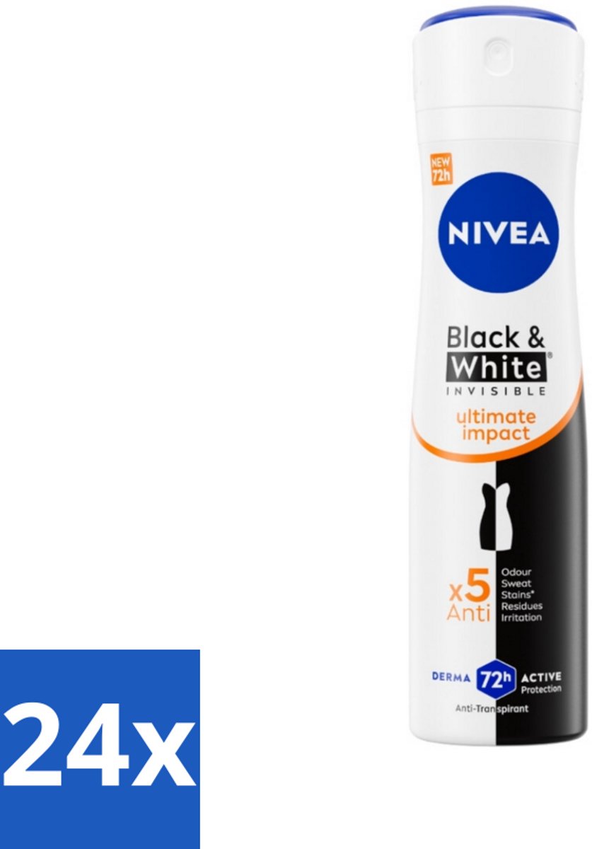 24 x NIVEA - Deodorant Spray - Zwart & Wit Ultieme Impact - Anti-Transpirant - 150 ml - NIVEA Deodorant - Deodorant Spray - Anti-transpirant - Vlekkenvrije Deodorant - Deodorant Voor Vrouwen