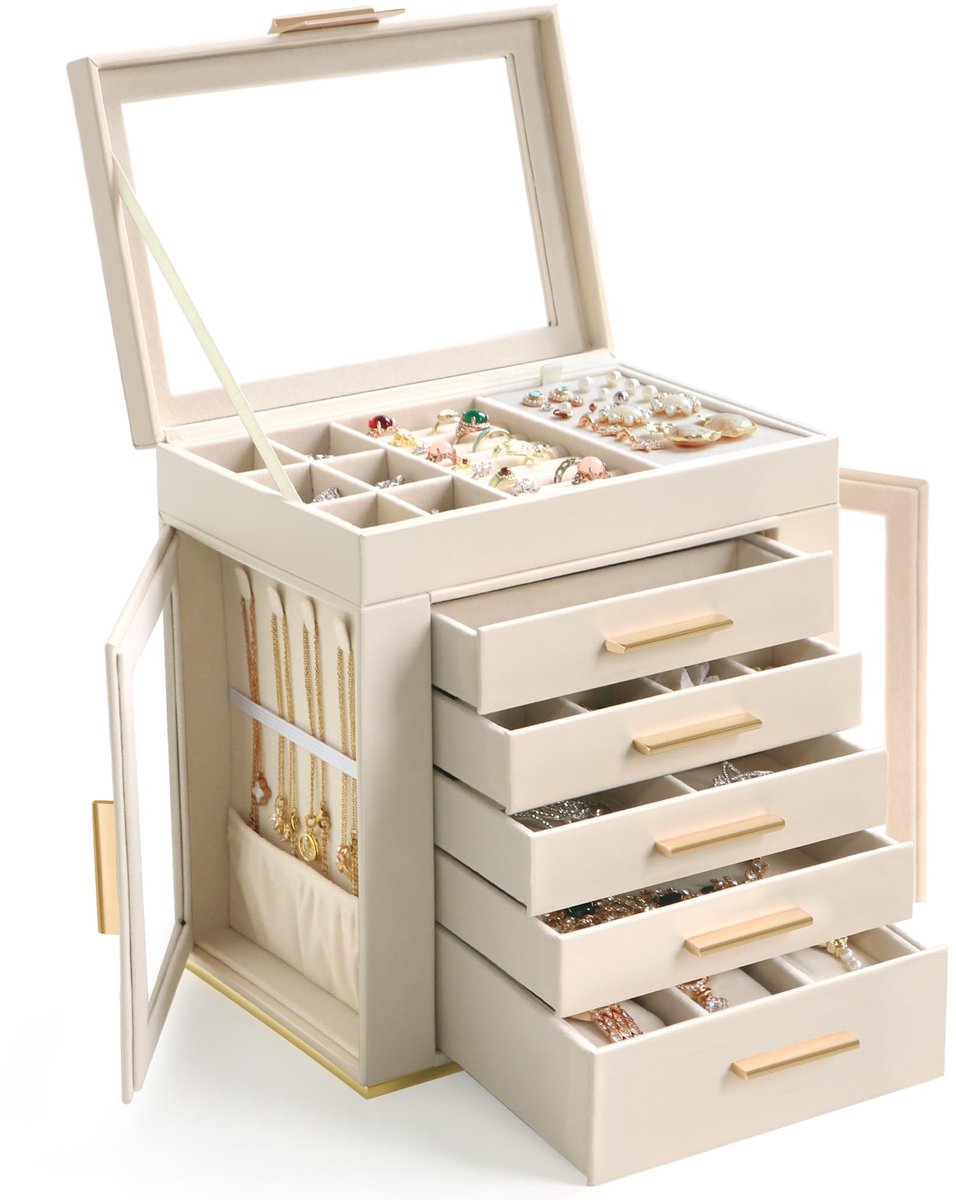 Sieradendoos grote 6-laags organizer - beige met glazen deksel - luxe uitstraling - ideaal voor sieradenopslag - ShopVlot