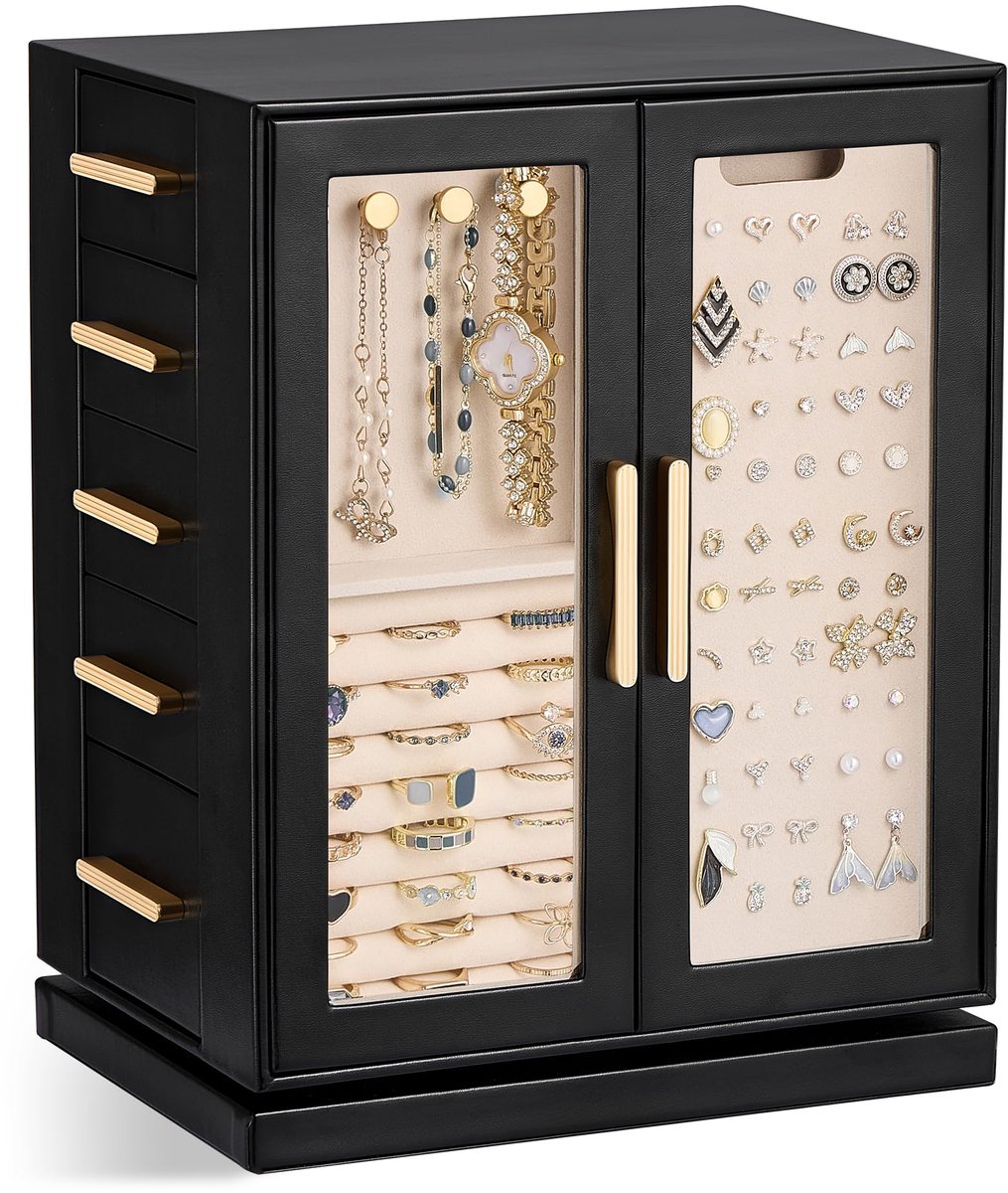 Sieradendoos 360° Roterend - Grote Verticale Organizer - Doorzichtig Venster - Perfect voor Oorbellen en Ringen - ShopVlot