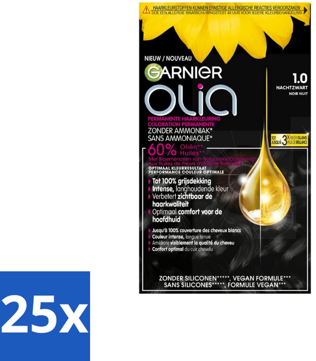 Garnier - Olia 1 - Haarkleuring - Zwart - Zonder Ammoniak - Intense Langhoudende Kleur - 100% Grijsdekking - Bulkverpakking - 25 stuks