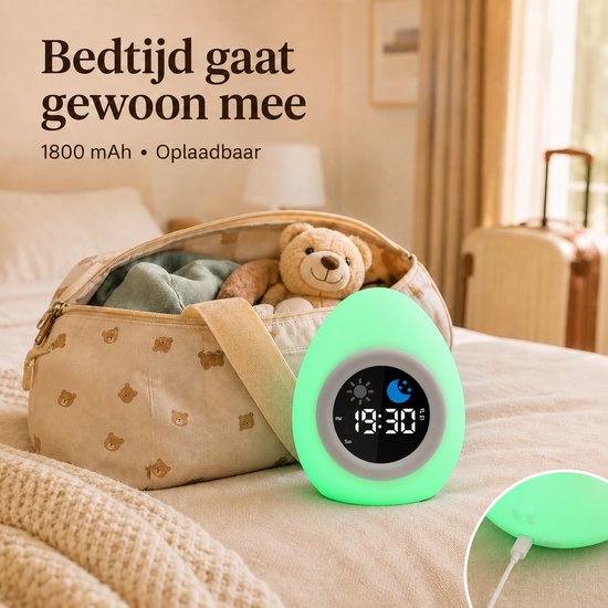 Sercano Slaaptrainer Kinderen Siliconen - Kinderwekker met Nachtlampje - Witte Ruis & 8 Geluiden - Valbestendig - Digitale Wekker - Tik voor 9 Kleuren - 1800mAh - Oplaadbaar van Sercano — afbeelding 5