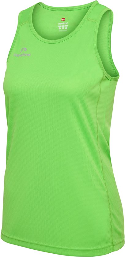 Lichtgroene sporttanktop voor dames, diagonaal aanzicht met 'newline' logo.