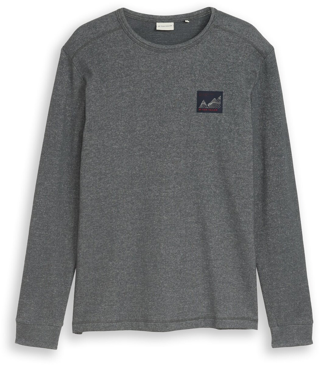 Tom Tailor - T-shirt met lange mouwen en badge - Maat XL - olive mint white structure