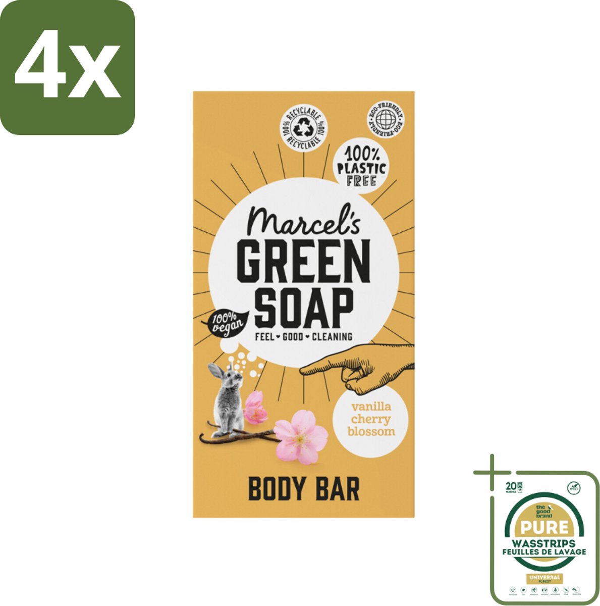 Marcel's Green Soap - Body Bar - Vanilla & Cherry Blossom - Verzorgend & zacht - 150 gr - Voordeelverpakking - 4 stuks - Plasticvrije zeep - Natuurlijke zeep