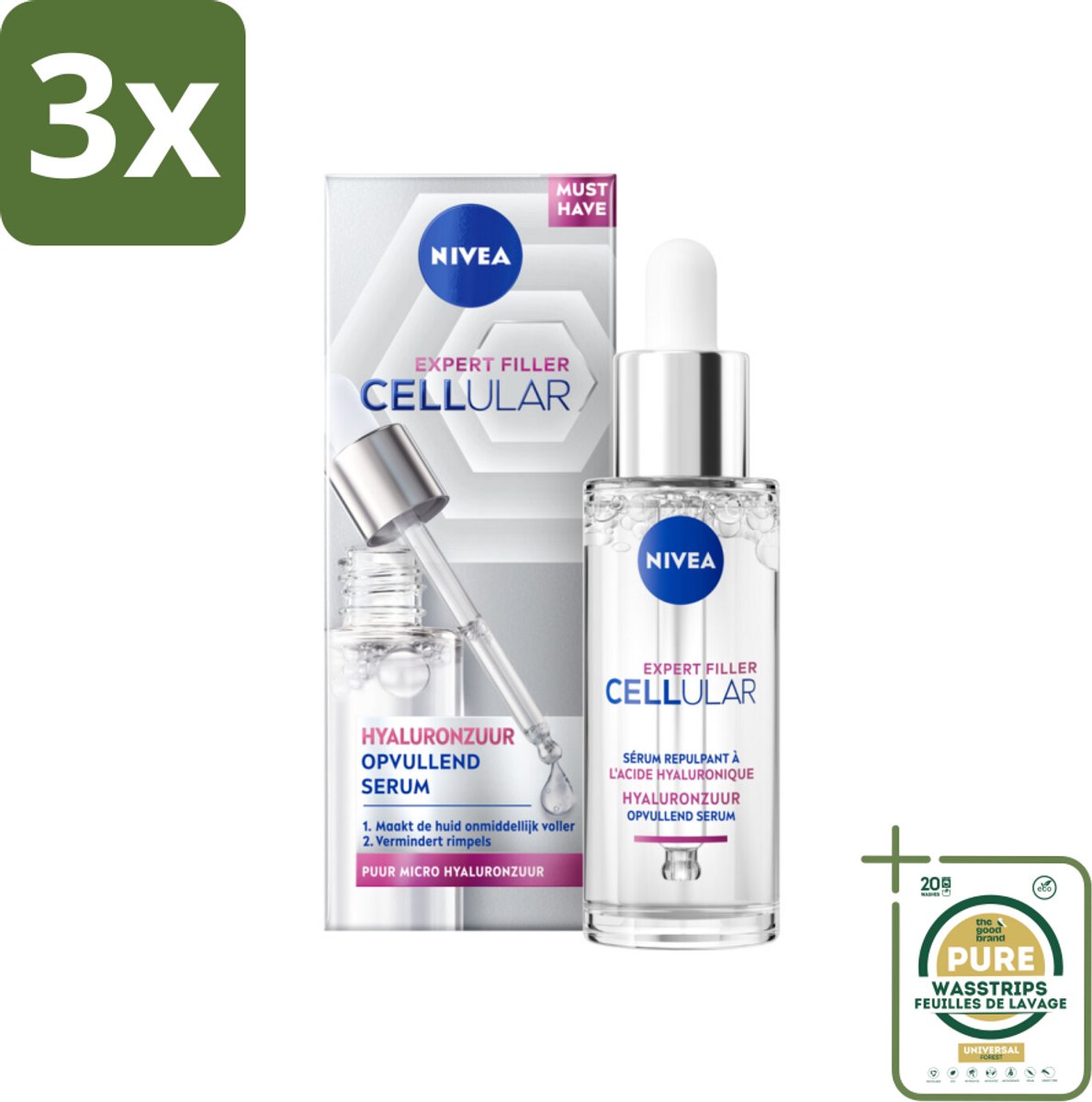 3 x Nivea - Cellular - Expert Filler Hyaluronzuur Serum - Rimpelvullend en Hydraterend - 30 ml - Grootverpakking - Hyaluronzuur Serum - Rimpelvullend Serum - Hydratatie Serum - Anti-aging Serum - Huidverjonging