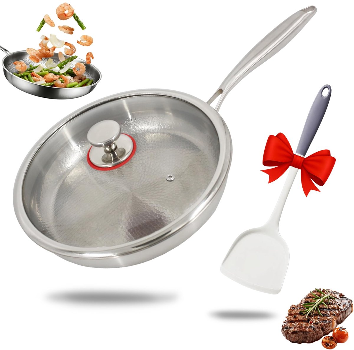 Koekenpan 26 cm - titanium ongecoat - met glazen deksel en spatel - ideaal voor koken en camping - ShopVlot