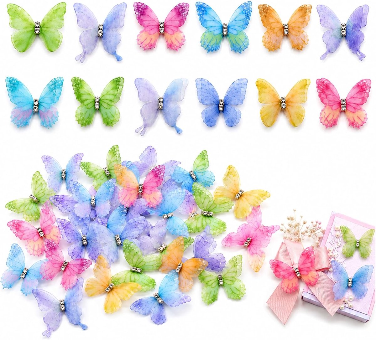 3D-vlinders 60 stuks - transparant organza - glinsterende muurstickers - perfect voor decoratie - ShopVlot