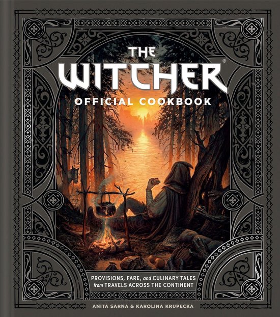 The Witcher Officiële Kookboek met een donker, gedetailleerd frame en een illustration van een figuur bij een kampvuur in een bos.