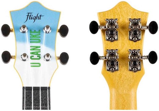 Ukulele kop met de tekst "U CAN UKE" en de achterkant van de hals.
