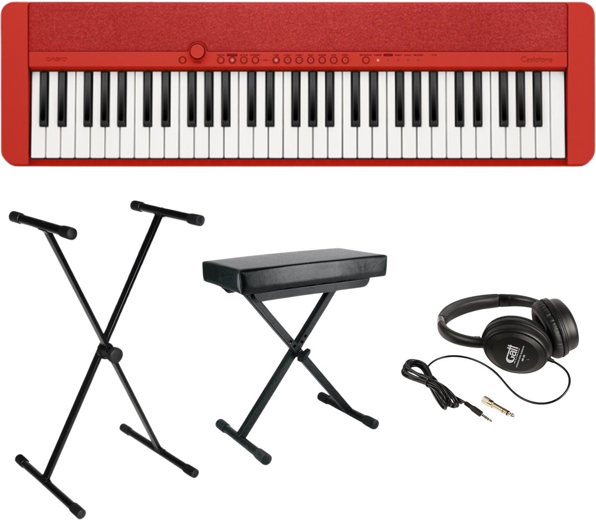 Casio CT-S1RD Casiotone Keyboard Set met Standaard, Kruk en Hoofdtelefoon, 61 Aanslaggevoelige Toetsen, Rood