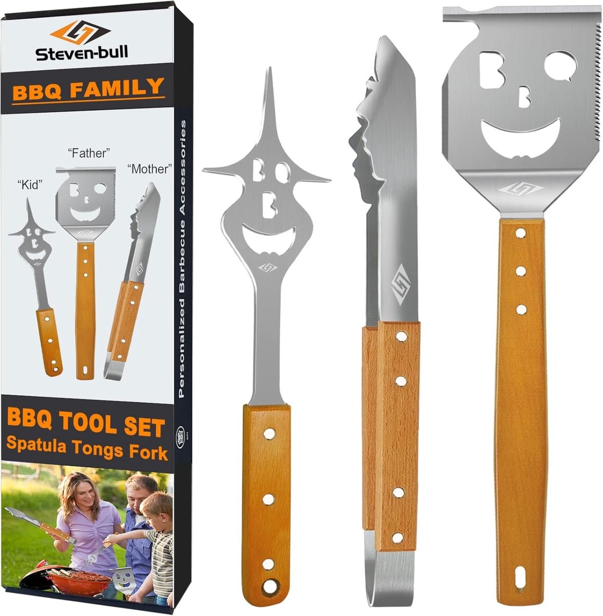 Barbecuegereedschapsset - Zilver - 17 inch - Roestvrij Staal met Houten Handvat - Voor BBQ-liefhebbers