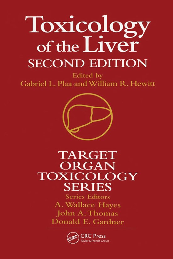 Boek 'Toxicology of the Liver', tweede editie. Rode kaft met gouden symbool van een lever.