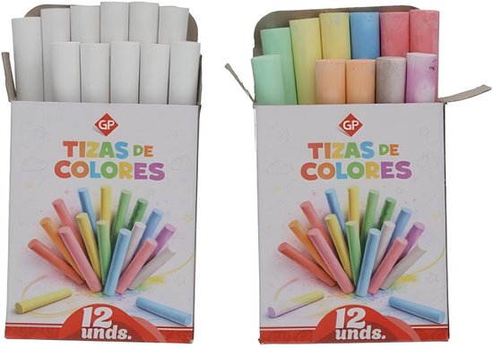 Twee open dozen, een met witte krijtjes en een met veelkleurige krijtjes, worden samen getoond.