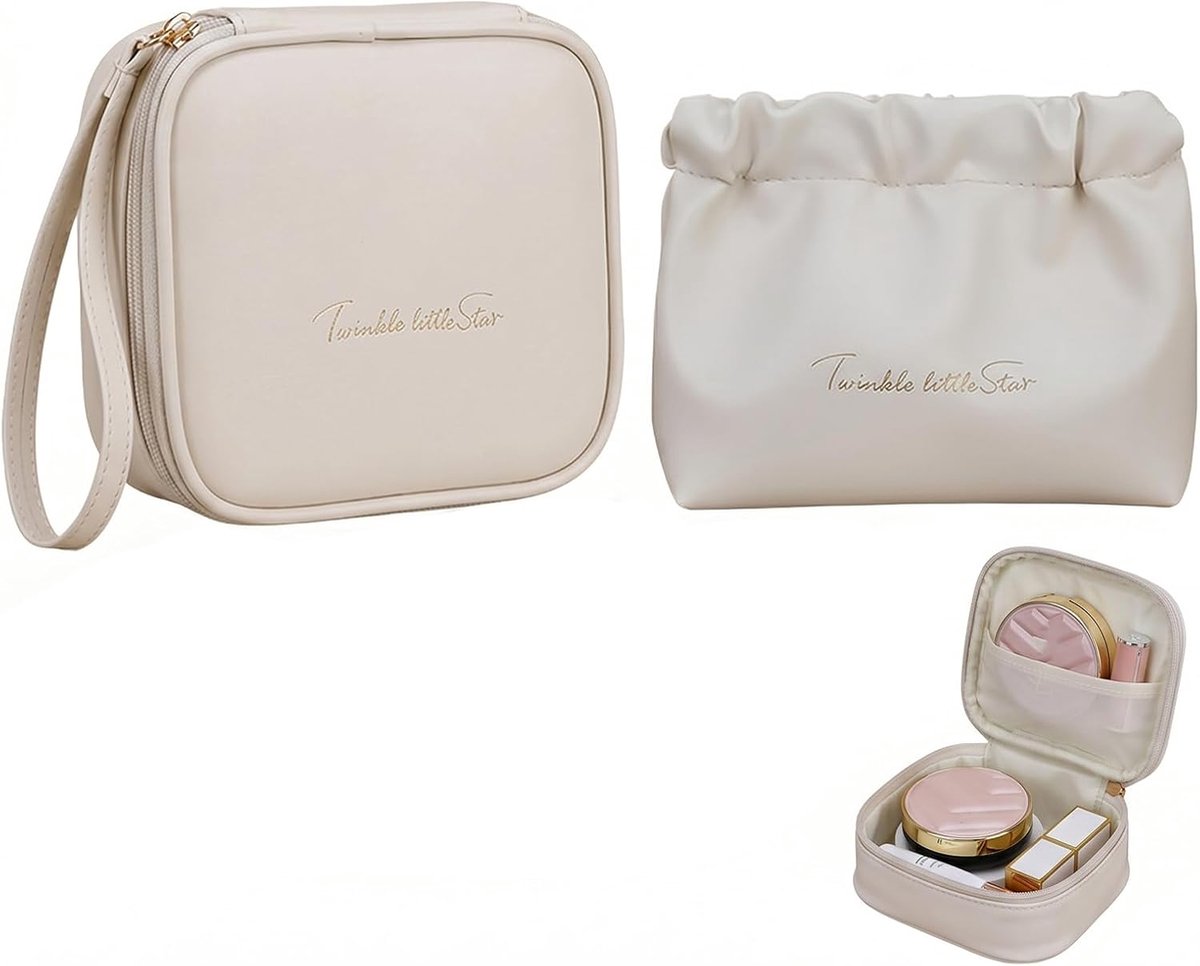 Set van 2 kleine make-uptassen voor dames, mini-toilettas voor op reis, van kunstleer, compacte make-uptas met - ShopVlot