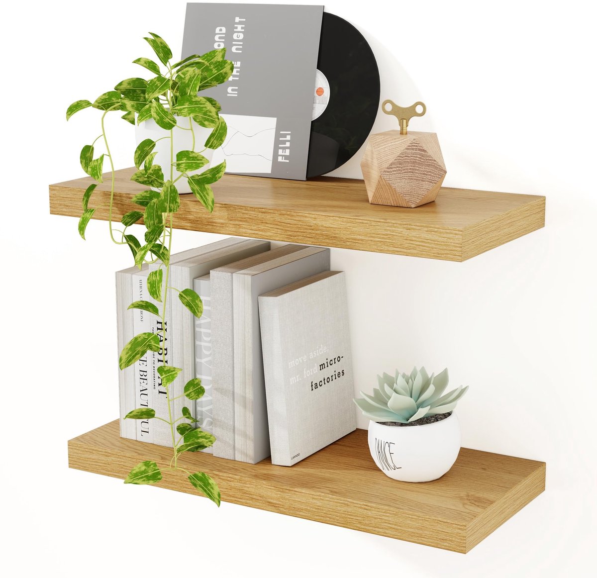 Famanu – Zwevende wandplanken van 40 cm in eikenhout, set van 2 stuks, diepe wandplanken voor boeken en decoratie in woonkamer, badkamer, slaapkamer en keuken