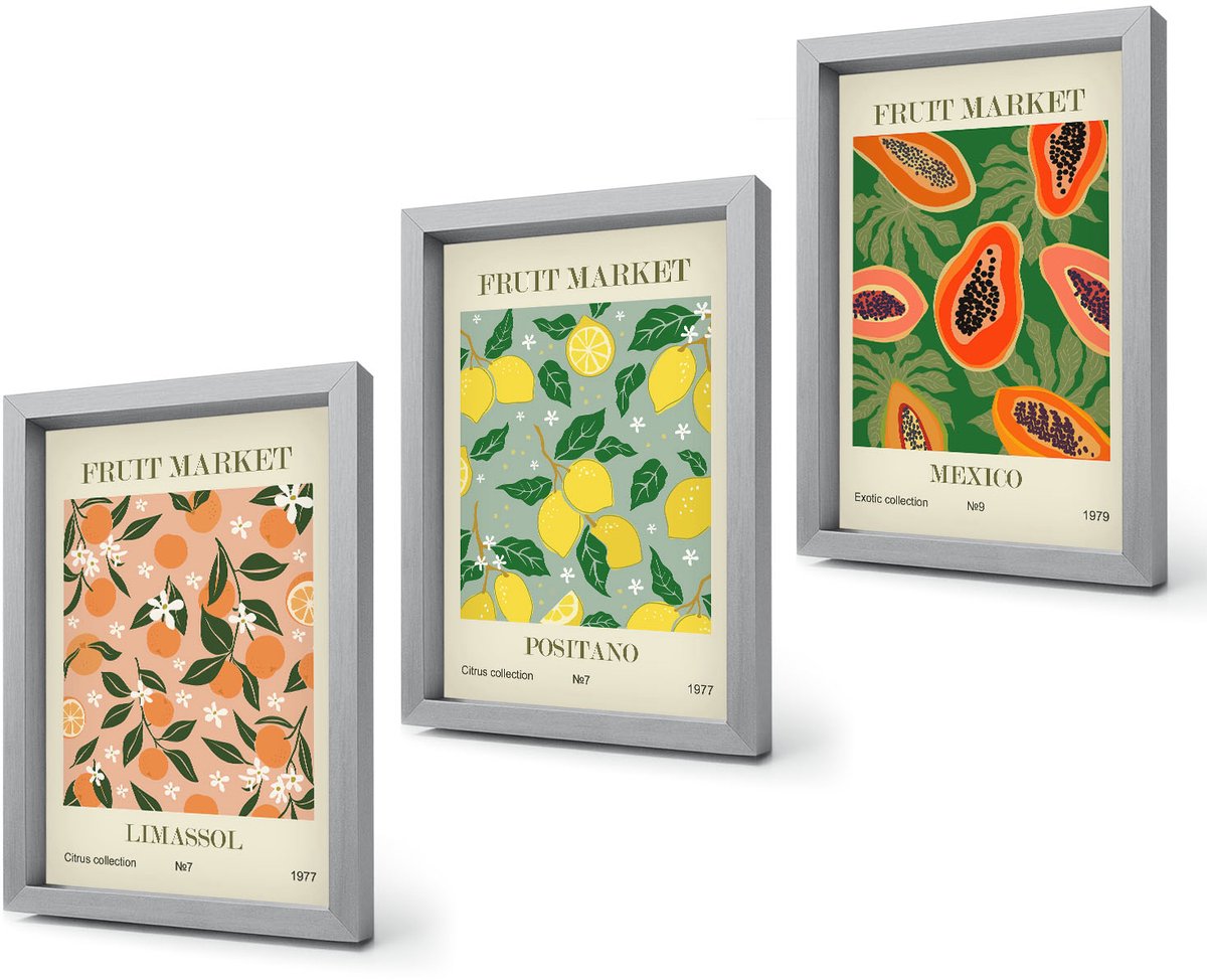 Coloray 4-Delige Schilderij Set - Citrus- en tropische vruchten in retrostijl - 20 x 30 cm - Moderne Wanddecoratie - Slaapkamer Zilveren lijst
