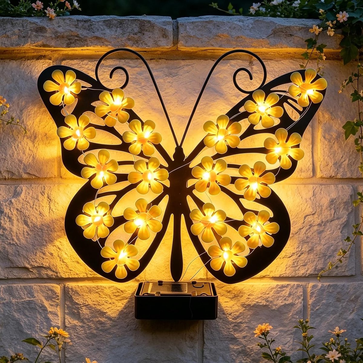 KZQ Buitenlamp op zonne-energie - Buitenverlichting - LED-lamp op zonne-energie - Tuinverlichting - IP65 beschermingsklasse - Vlinderdesign - Geschikt voor balkon, schutting, trapverlichting, enz. - Geel