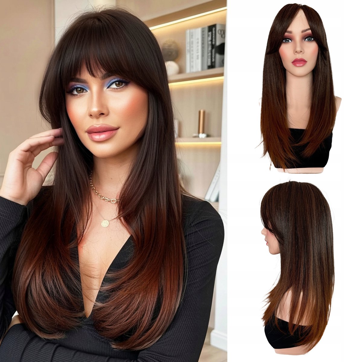 Synthetische Ombre Bruine Pruik met Pony - 60cm - Natuurlijk Uiterlijk