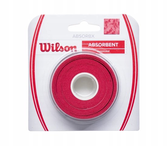 Verpakte rode Wilson Absorbx tennisovershirt rol met rode en witte spikkels op de verpakking.