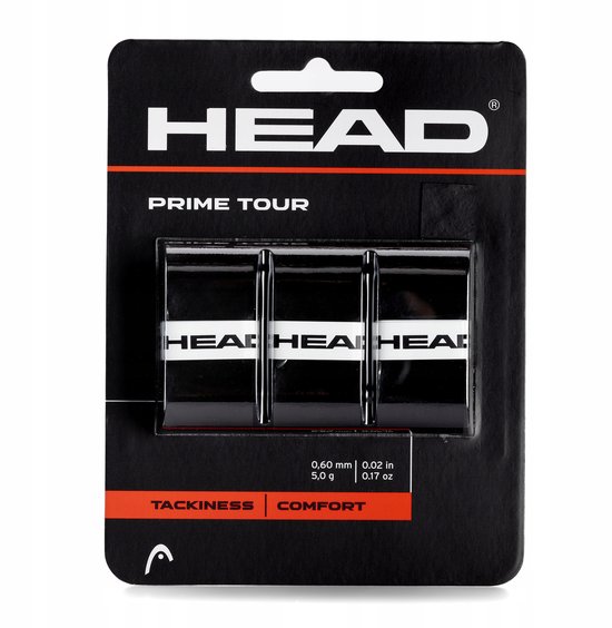 Zwarte HEAD Prime Tour overgrips verpakt in een 3-pack met "TACKINESS" en "COMFORT" aanduidingen.