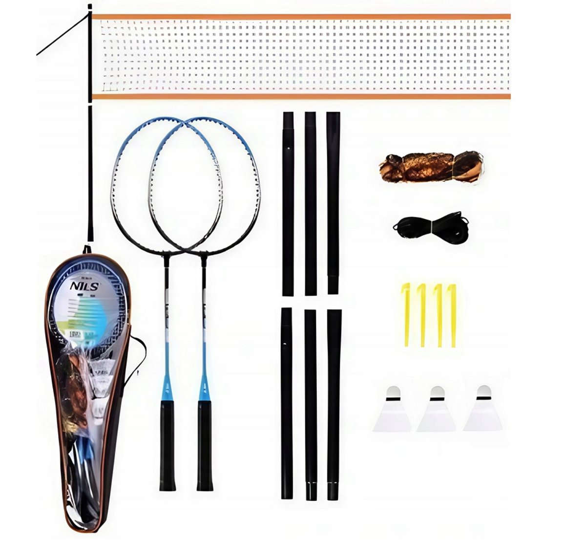 Badmintonset 7-delig: 2 rackets, 3 shuttles, net & tas