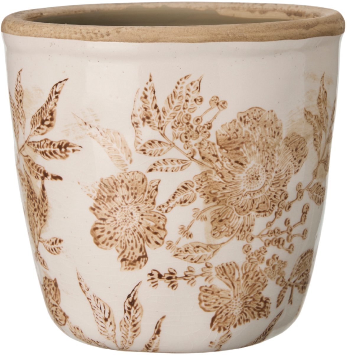 Decoratieve Keramische Pot Ecru/Wit met Bloemenpatroon 12x13 cm