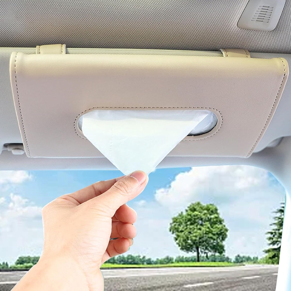 Vastsea Car Visor Mask Box, PU Leather Hanging Paper Towel Clip, Car Tissue Holder, for Sun Visor and Backrest (Beige) - ShopVlot