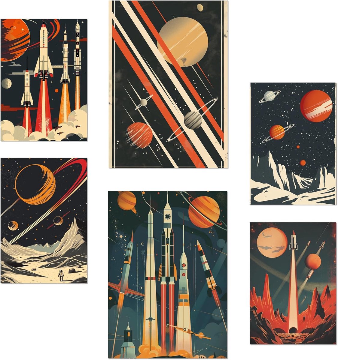 Nacnic Poster Set of 6 Posters Spaceship Rocket Planets Vintage Red Blue Design Illustration Wall Decoration Home Room - ShopVlot
