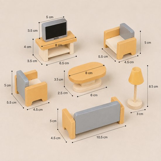 Houten woonkamerset met tv, twee fauteuils, salontafel, staande lamp en grijs bed.