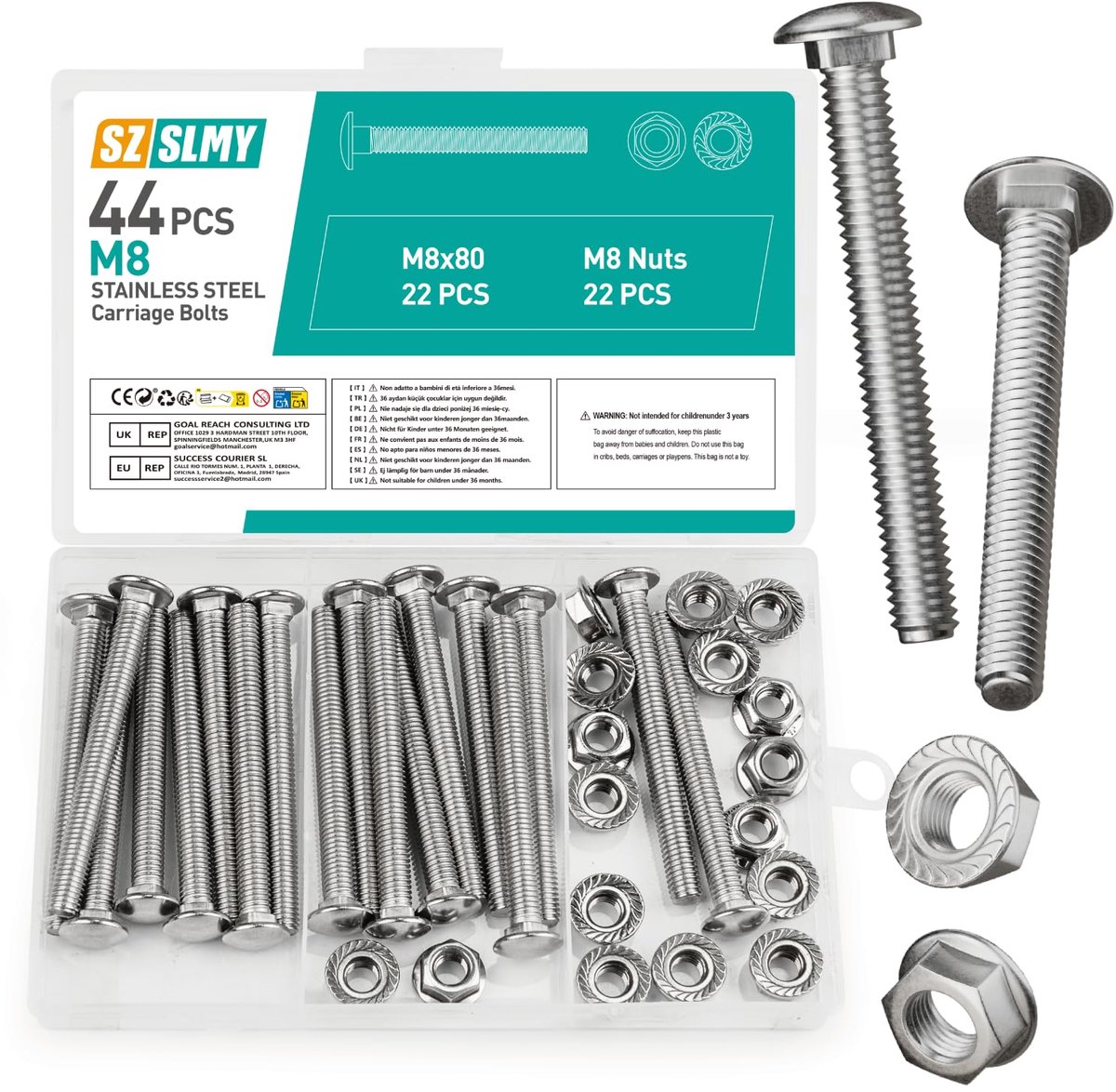 Lockschroeven 44pcs M8*80mm - RVS met zeskantflensmoeren - Plat hoofd met vierkante starter - Voor stevige verbindingen - ShopVlot
