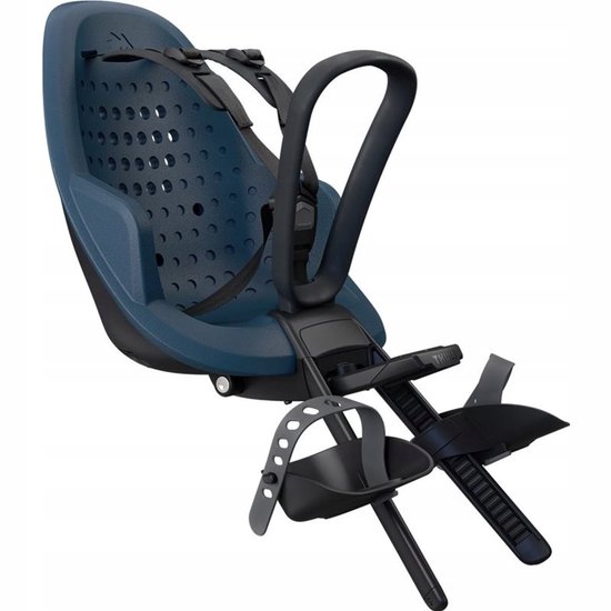 Siège enfant Thule Yepp 2 mini bleu majolique avec harnais et repose-pieds noirs.