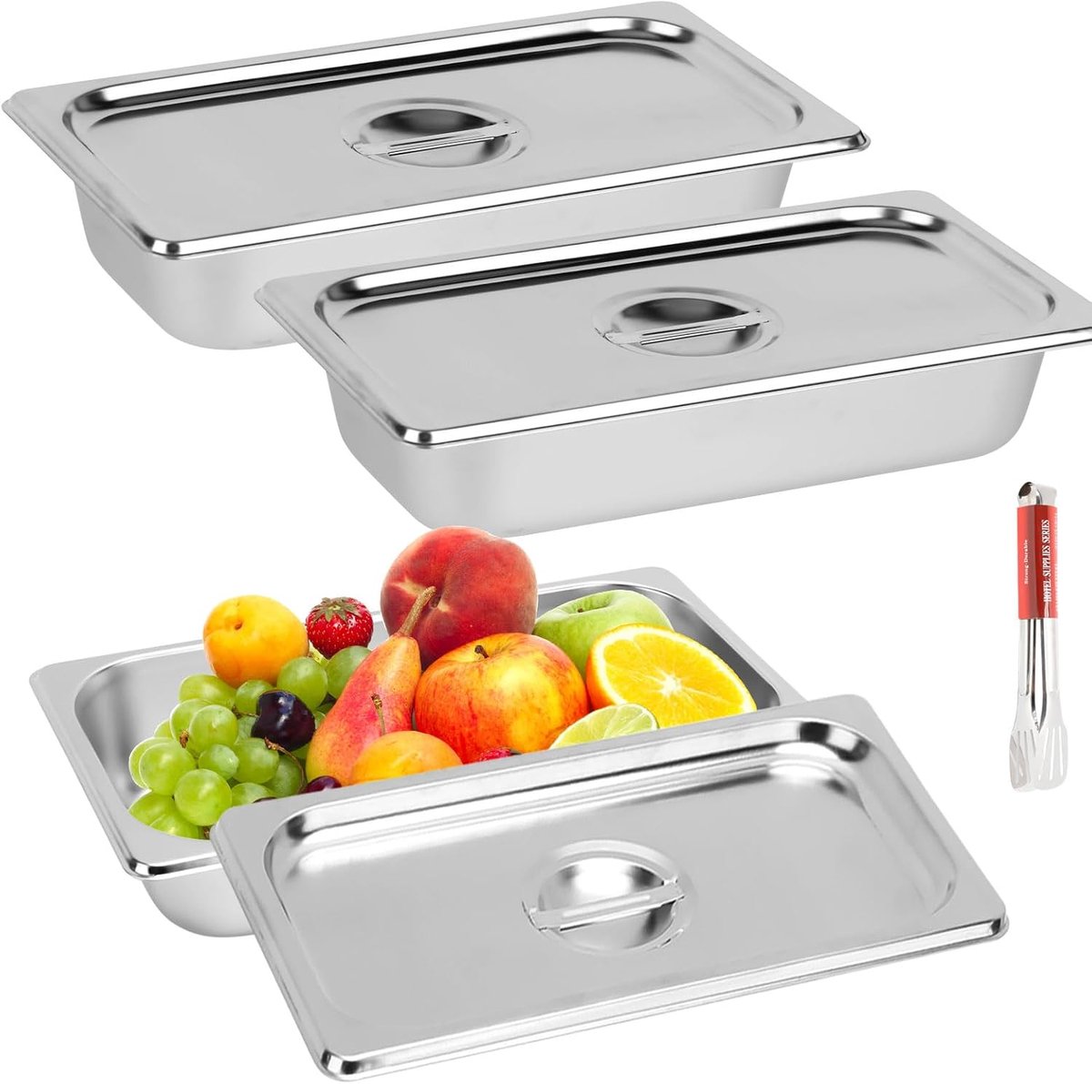 3 stuks ovenschalen van roestvrij staal, 3 l/32,5 x 17,5 x 6,5 cm, rechthoekige ovenschaal, roestvrijstalen voedselcontainer met deksel voor restaurant, keuken, grill, taarten