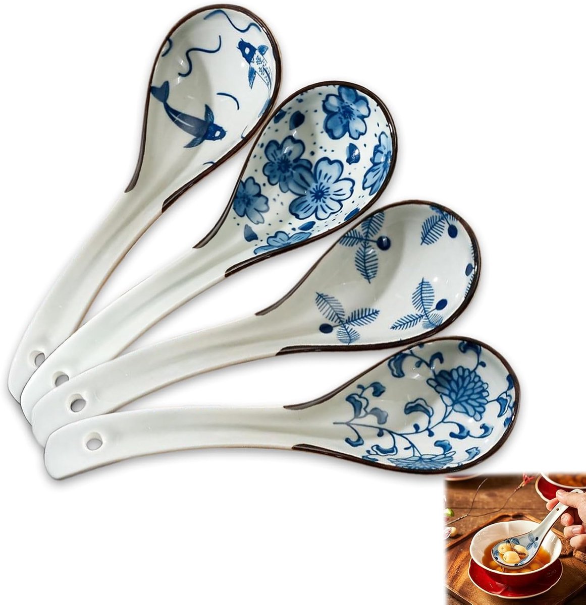 4 stuks eetlepels porseleinen set, Aziatische soeplepels, retro blauw patroon ramenlepel, porseleinen lepel voor soep, dumplings, pho, wonton, miso, rijstkommen, ramen, voorgerechten, desserts enz. (4