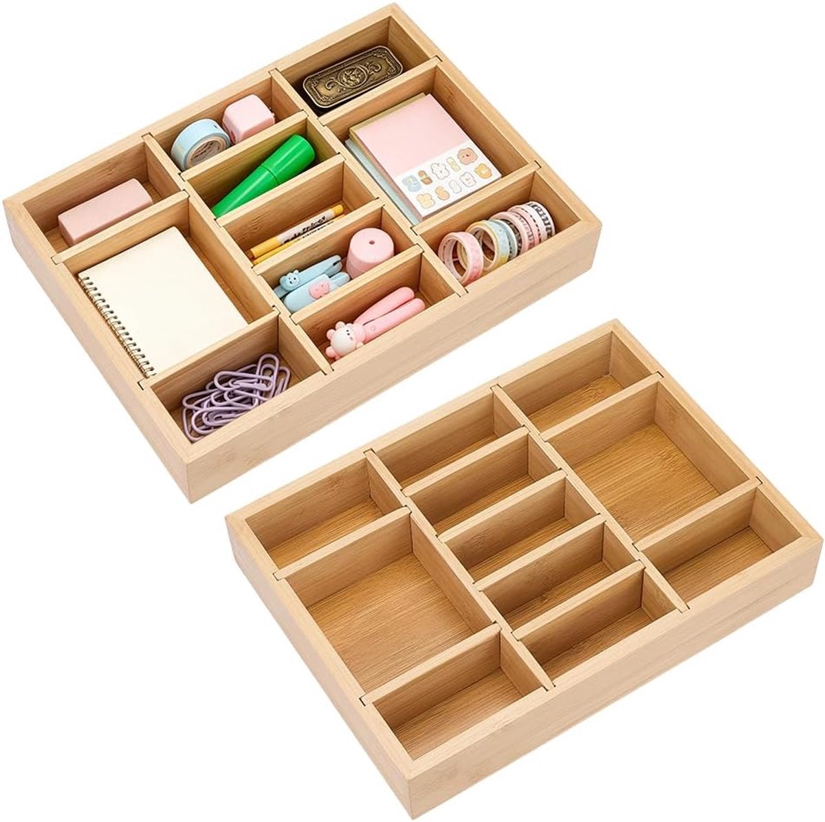 nbeads 2 stuks bamboe bureau-lade-organizer, houten dienblad met 8 verstelbare scheidingswanden, bureau-organizer voor kantoorartikelen, make-upbenodigdheden en sieraden, 22,9 x 30,7 x 5,1 cm