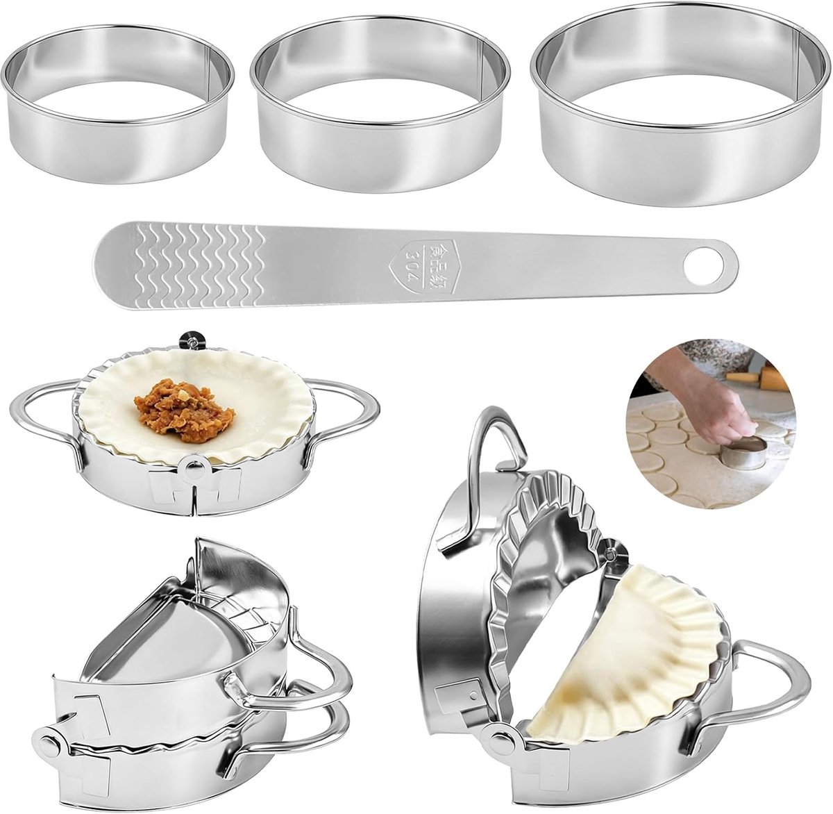 7 stuks raviolivormen van roestvrij staal, accessoires, veilig, vaatwasmachinebestendig | Italiaanse raviolisnijder, draaivorm, 1 vleesspatel, voor efficiënter en eenvoudiger koken