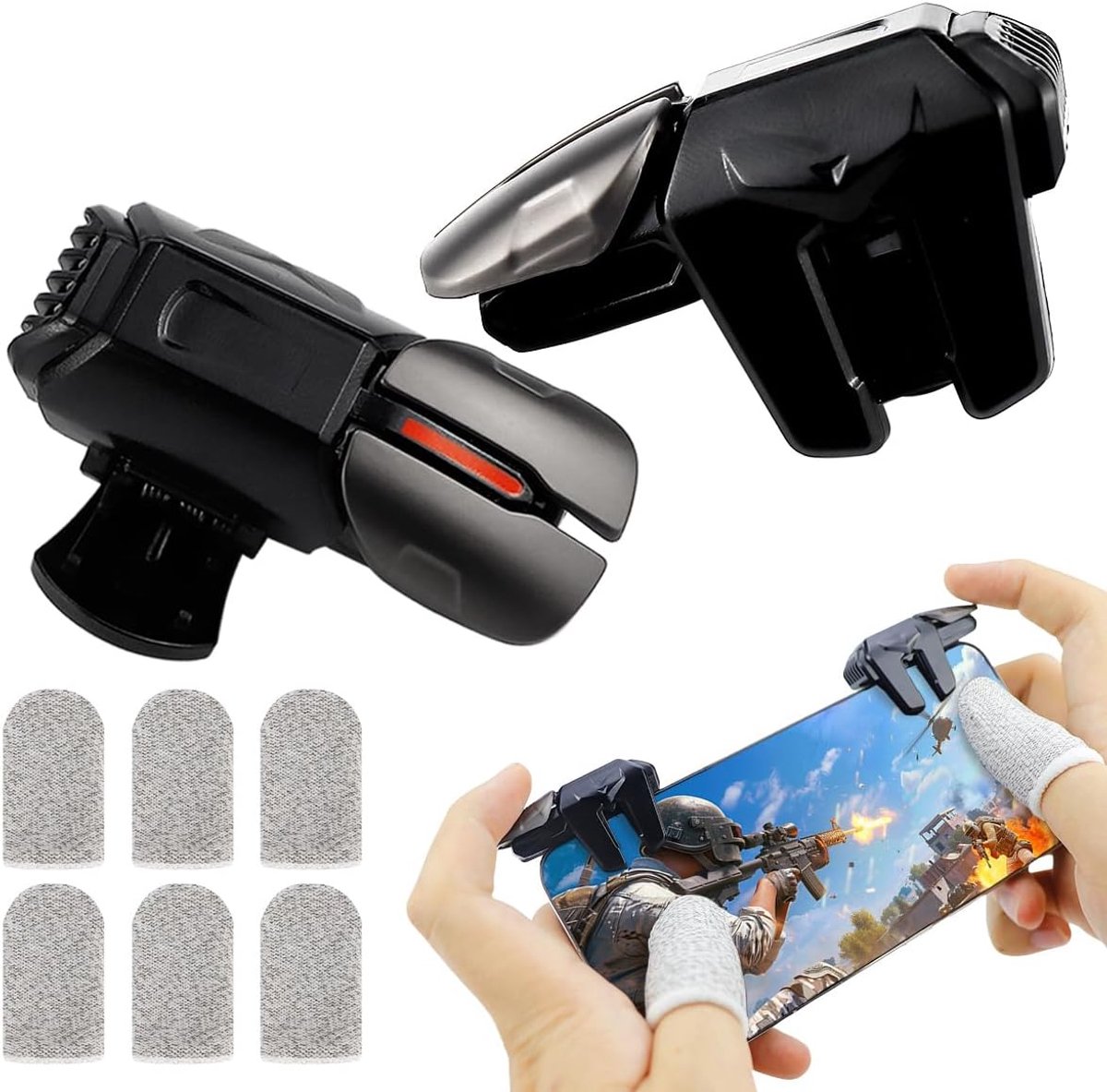 Game-trigger met vingerhoezen, mobiele gamecontroller, gevoelig, vingerbeschermingsset voor game-trigger met iOS/telefoon (1 paar game-triggers + 3 paar vingerhandschoenen)