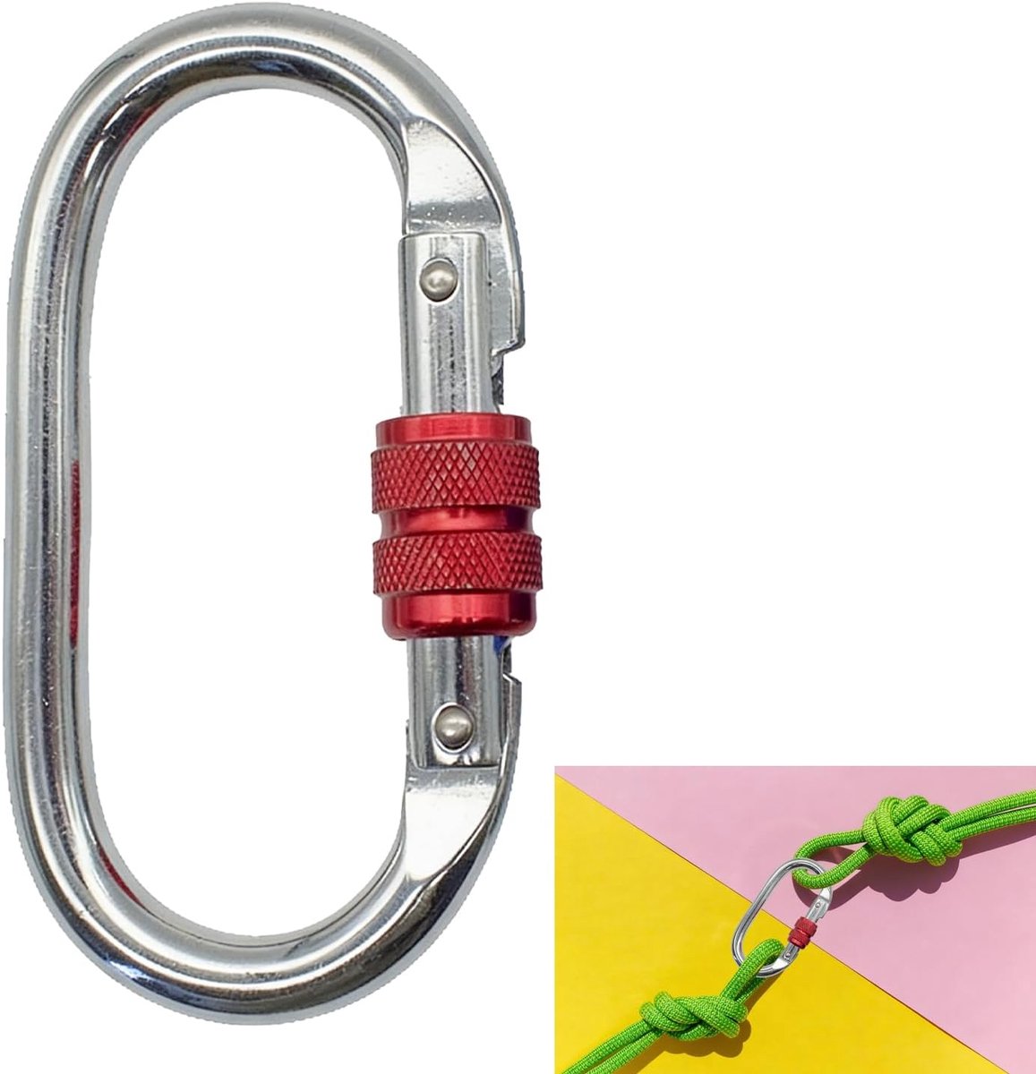 klimmen, gelegeerd staal, zware belasting, karabijnhaak, 25 KN, O-vormige, zware belasting, veiligheidskarabijn, geschikt voor bergbeklimmen, schommelen en klimmen, rood