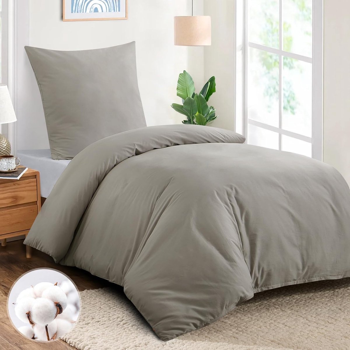 Beddengoed 155 x 220 cm, katoen, taupe, beddengoedsets dekbedovertrek 155 x 220 cm, met kussensloop 80 x 80 cm, katoenen beddengoedset, Oeko-Tex-beddengoed, taupe met ritssluiting