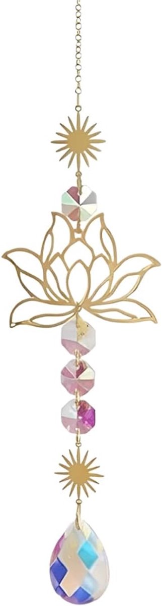 Lotusbloesem-zonnevanger met kristalprisma, elegante lotuszonnevanger van messing, kristal voor raamdecoratie, glazen windspel als lichtvanger en cadeau-idee (voor huis, kantoor of auto)