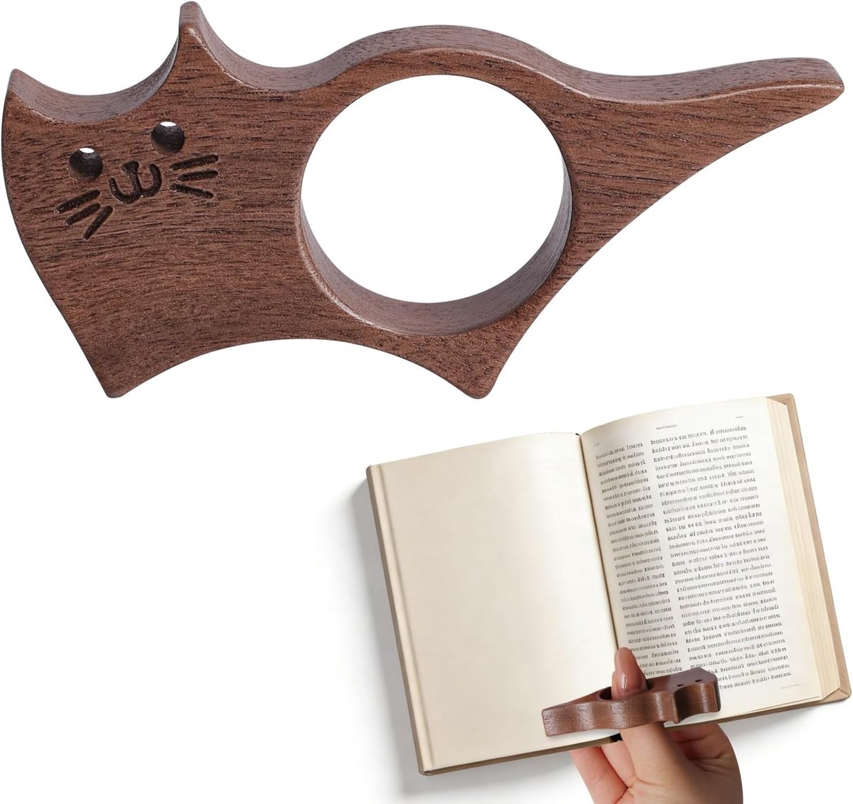 Boekenhouder van hout, kattendesign, leesbotten, duim boekhouder van walnoothout, boeken, lezen, accessoire als cadeau voor boekenliefhebbers, leesmatten, leraren