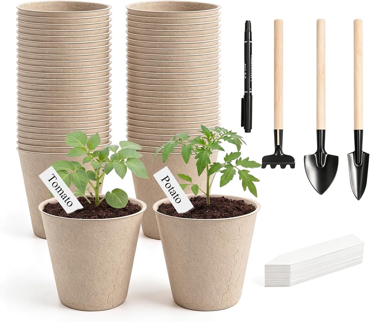 Biologisch afbreekbare plantenpotten, composteerbare plantenpotten met 50 stuks plantenetiketten en verplantingsbreder, zaailingpotten voor jonge bloemen, jonge boompjes en ontkieming