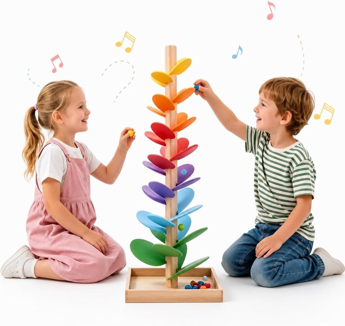 klankboom, 71 cm grote muzikale kbaan van hout in regenboogkleuren met 10 kleurrijke ballen, kogelvaltoren speelgoed voor peuters vanaf 3 jaar, Montessori-speelgoed met thema