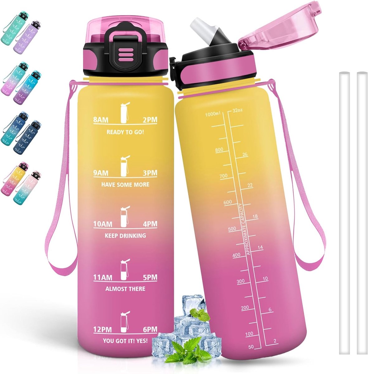 1 liter, sportfles, lekvrij, drinkfles met rietje, drinkfles met tijdschema's voor drinken, gemakkelijk te reinigen, drinkflessen voor sport, wandelen, yoga, wandelen, kamperen, geel-roze