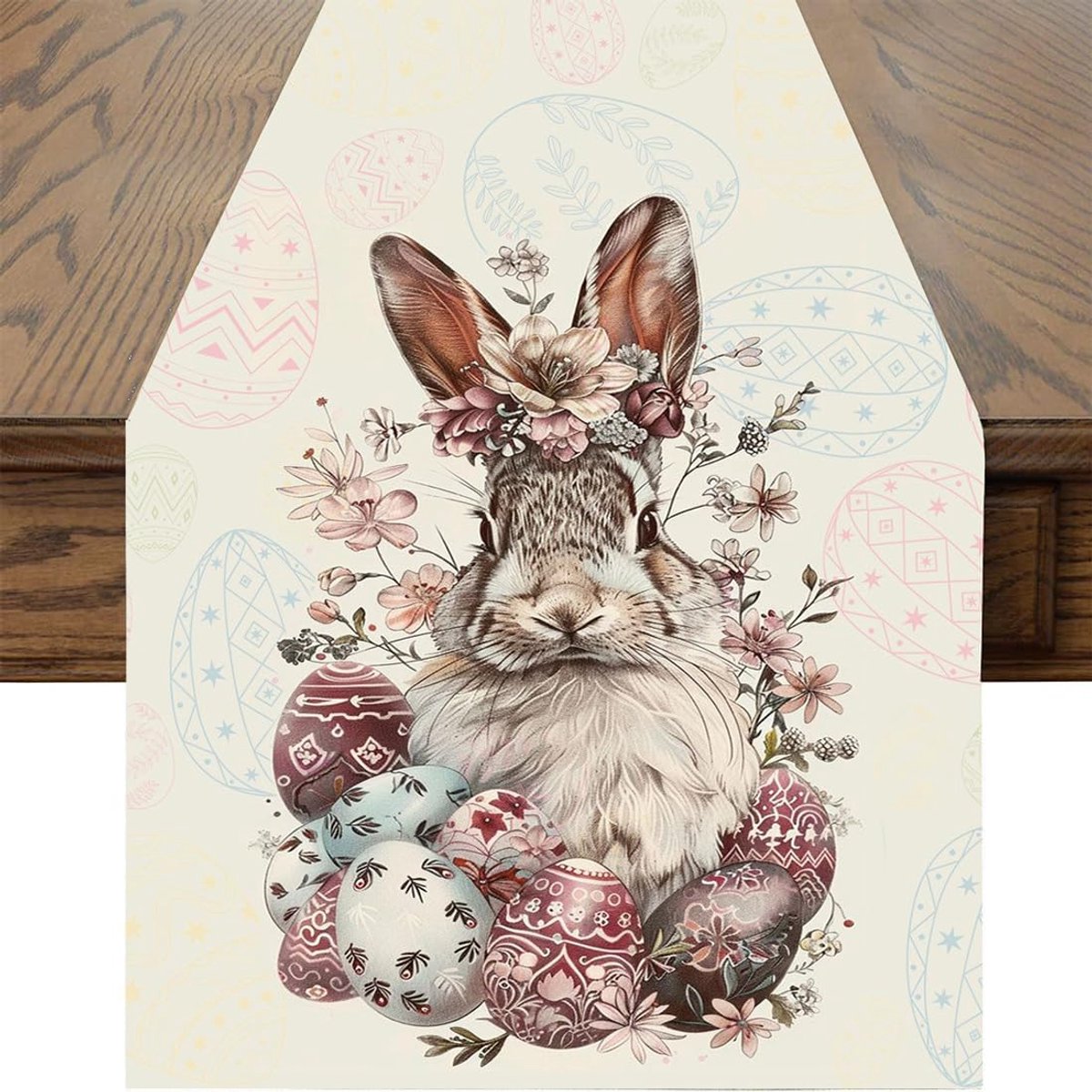 1 stuk tafelloper met Pasen, tafelkleed van linnen, tafelloper met paasprint, lentedeken met paashaas, bedrukt (33 cm x 180 cm) (veelkleurig)
