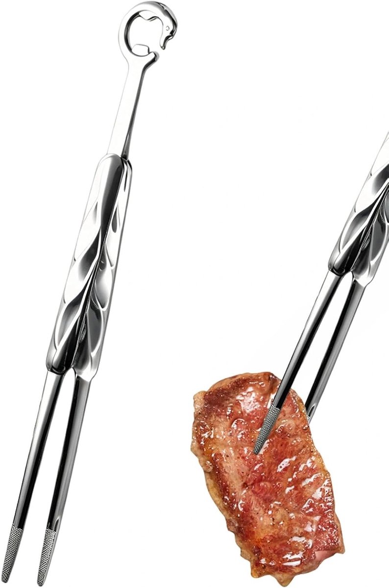 2-in-1 kookpincet, roestvrij staal, 32 cm, 304 roestvrij staal, keukenpincet, vleespincet met glad veerpatroon, grillpincet met flesopener, voor keuken, restaurant, camping