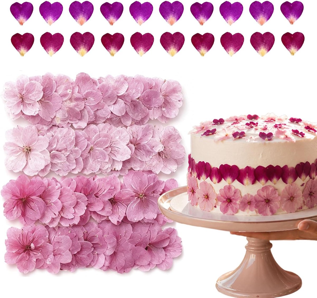 Gedroogde Eetbare Bloemen, Geperste Kersenbloesem en Hartvormige Rozenblaadjes, Roze Bloemenmix Voor Taartdecoratie, Hars Sieraden en DIY Knutselen