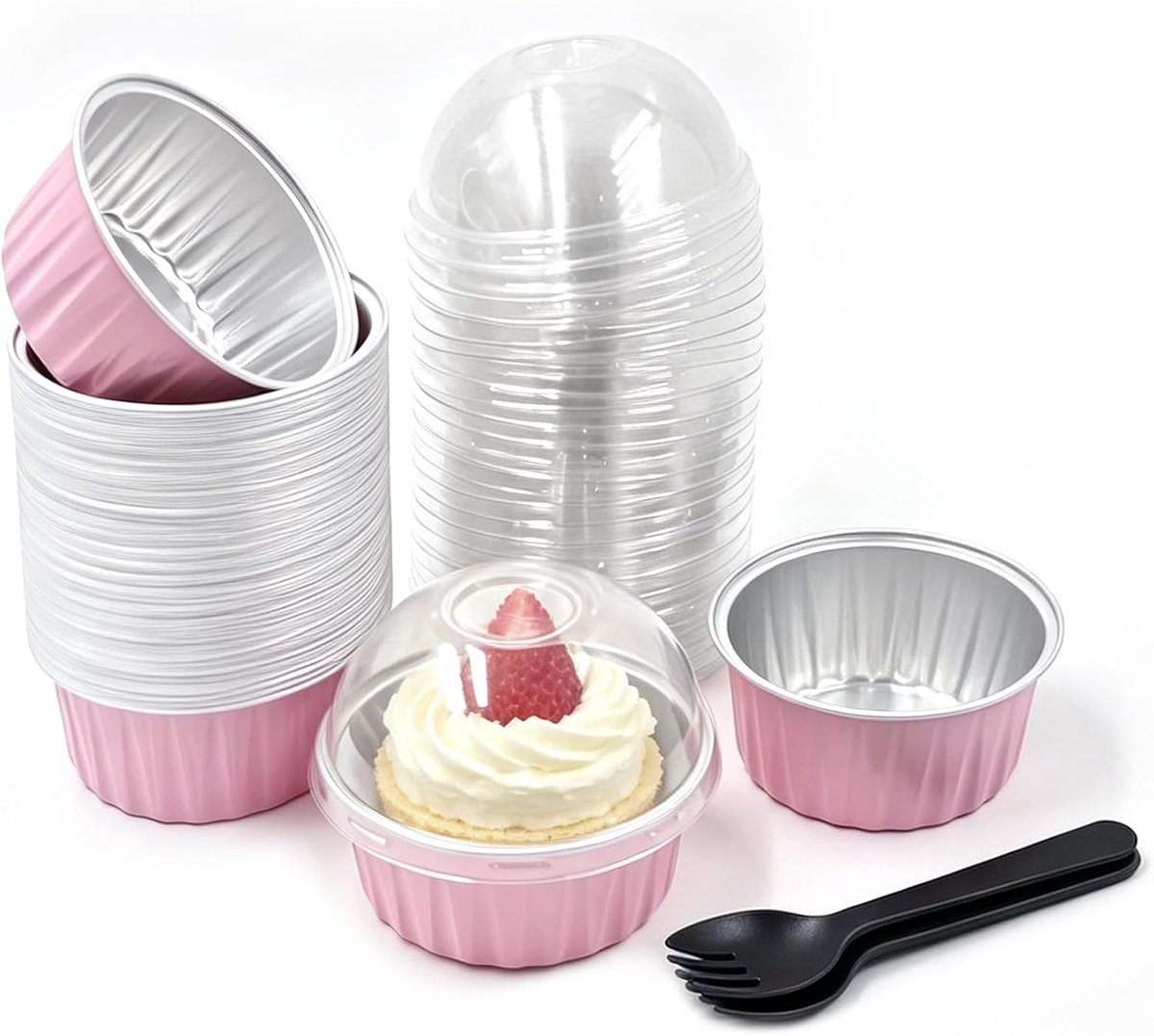 50 stuks mini-cakevormen met deksels en lepels, 150 ml ronde aluminiumfolie bakbekers, cupcakevormpjes voor thuis bakken dessert brood bruiloft verjaardag picknick feest (roze)