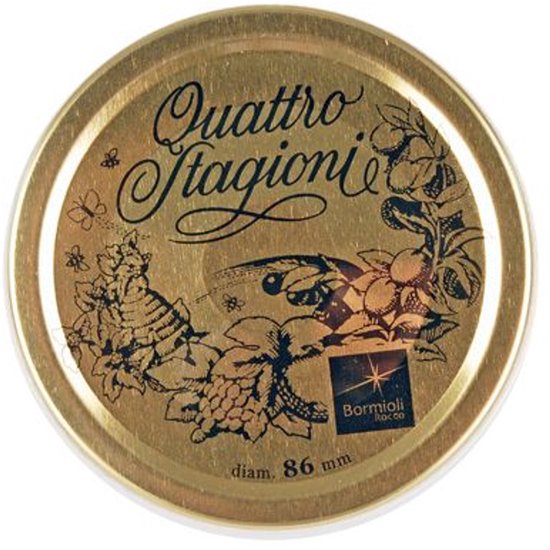 Couvercle doré avec l'inscription 'Quattro Stagioni', des vrilles de raisin et des fleurs. Bormioli Rocco, diam 86 mm.