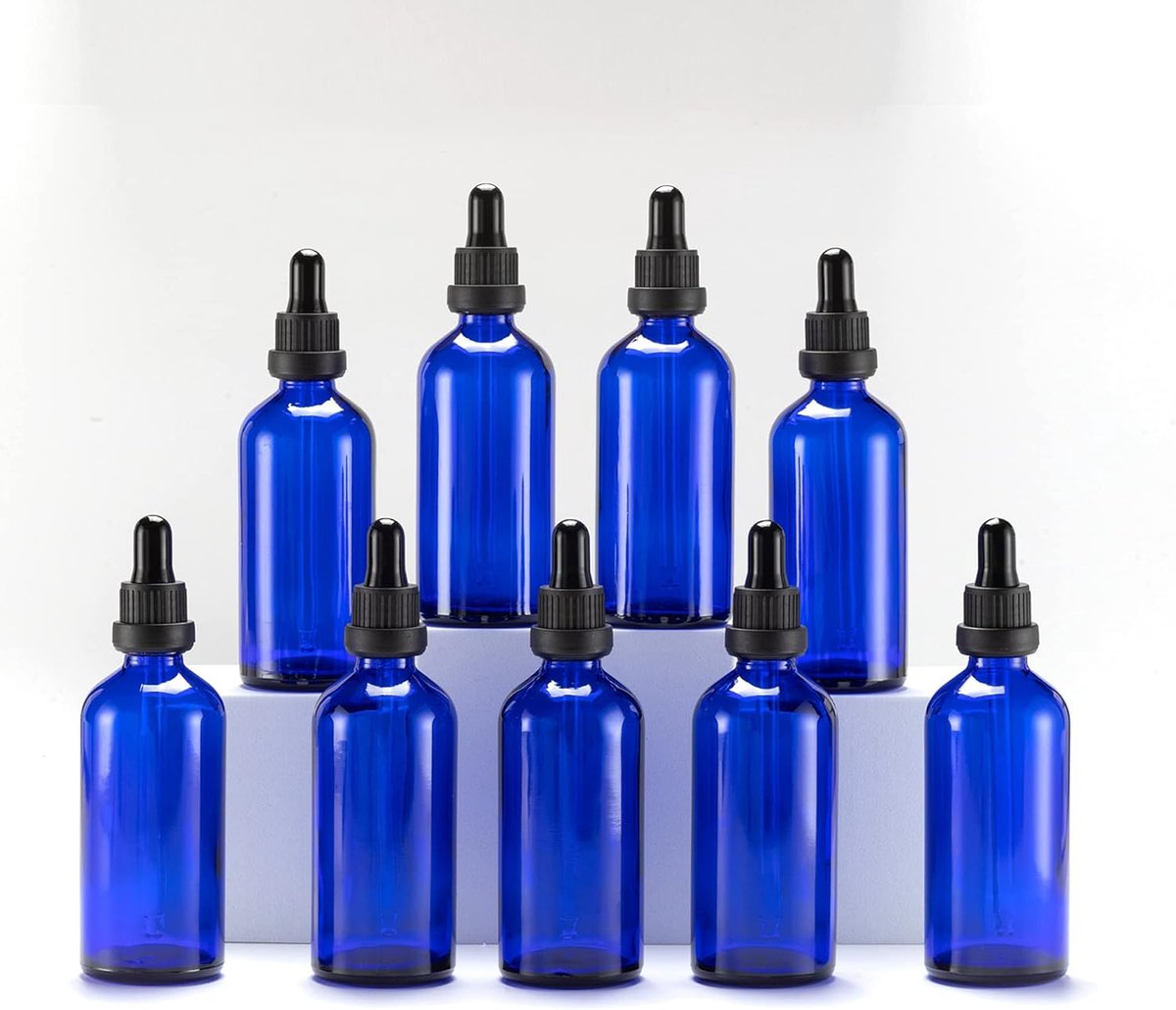 Blauw Glazen Druppelflesje 100ml, met Glazen Pipet Druppelaar, voor Essentiële olie, Aromatherapie, Cosmetica, Laboratorium, Apotheek, Reizen, Massage - 9 Stuks
